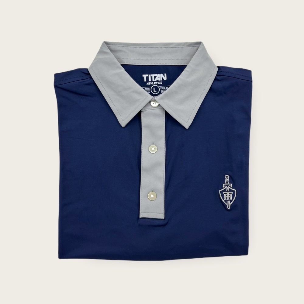 Titan athletics navy and gray golf polos. Sizes XXL, XL, L, M, S.ALL NWT.